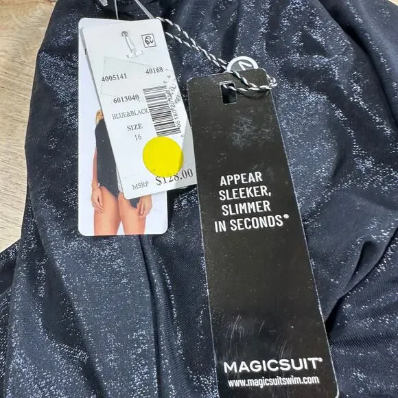 Magicsuit NWT Alex Side-tie Underwire Tankini Top Black Blue Shimmer Size 16